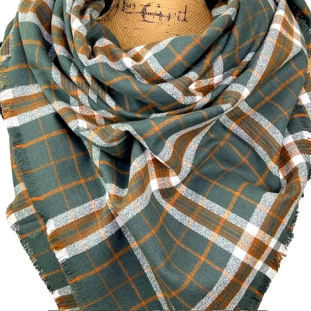 Warm Dark Smoky Green, Dark Pumpkin and White Plaid Luxe Collection Infinity and Blanket Scarves