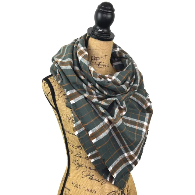 Warm Dark Smoky Green, Dark Pumpkin and White Plaid Luxe Collection Infinity and Blanket Scarves