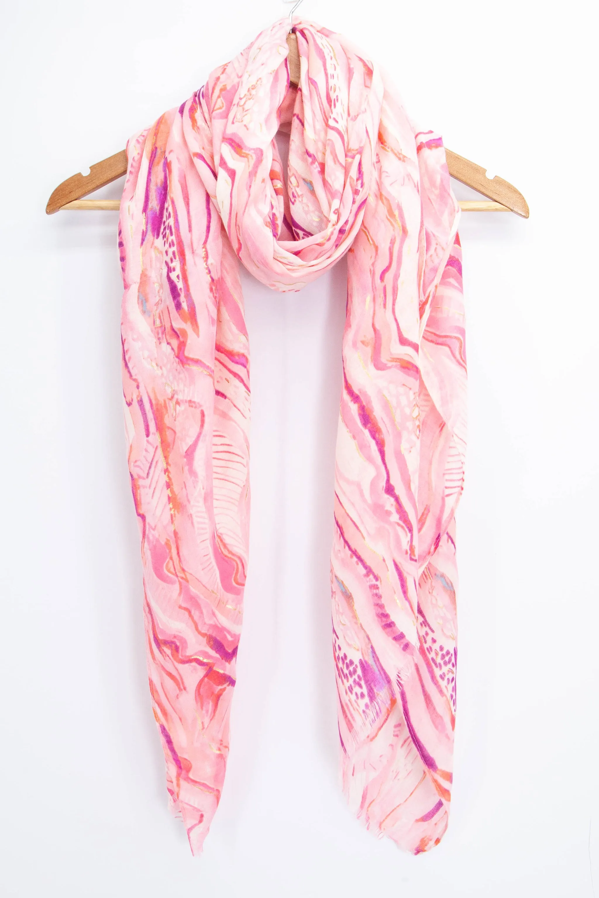 Wave Print Scarf with Gold Metallic Highlights in Pink