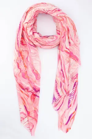 Wave Print Scarf with Gold Metallic Highlights in Pink