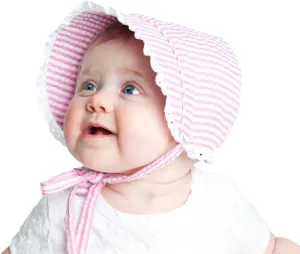 Wide Stripe Pink and White Seersucker Girl's Bonnet with Eyelet Trim Baby Bonnet - Monogram Optional Infant Hat Newborn Baby Sun Hat