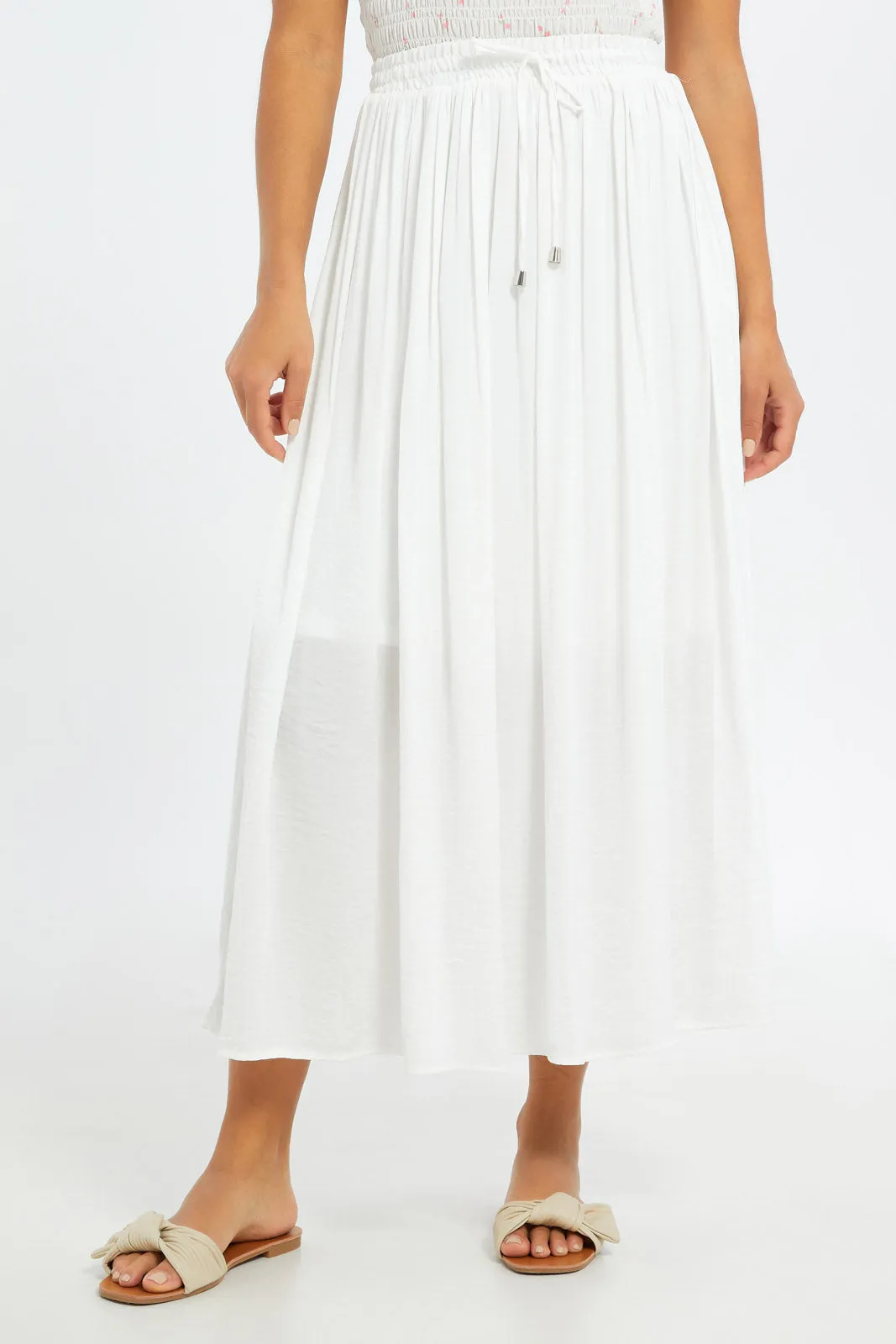 Women Pleated White Maxi Skirt