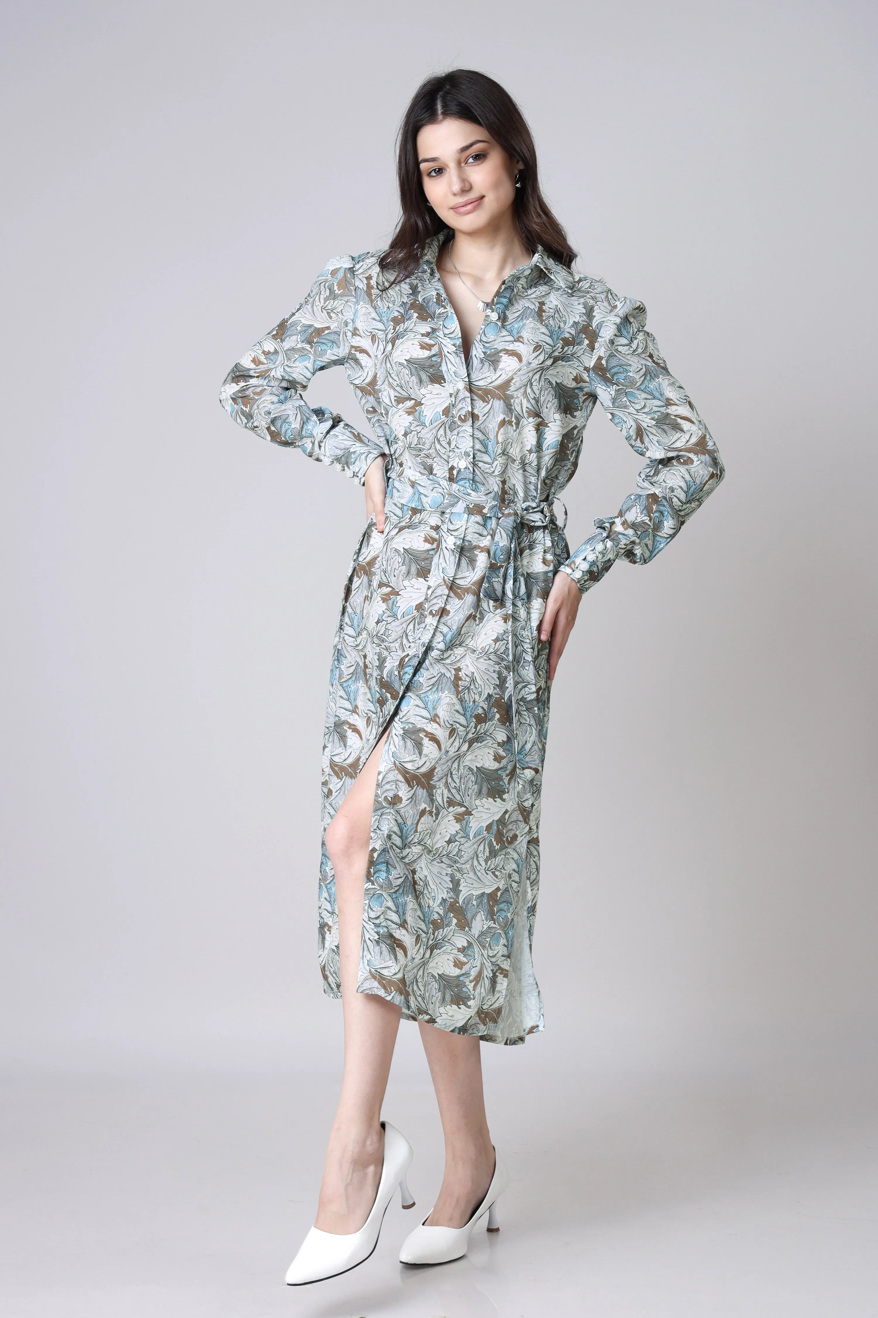 Women's Abstract Floral Tie-Belt Shirt Dress