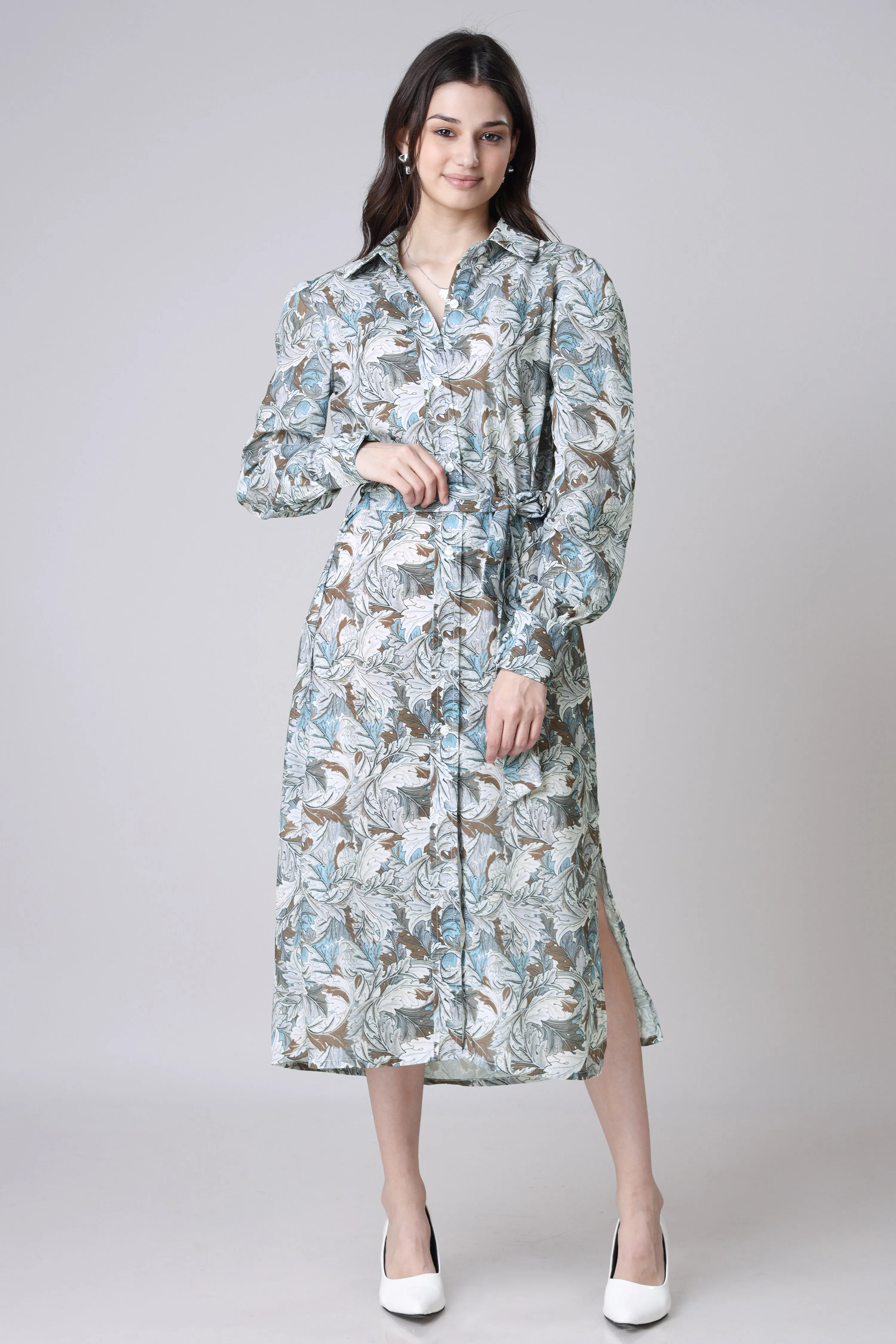 Women's Abstract Floral Tie-Belt Shirt Dress