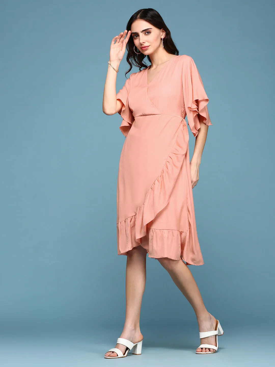 Women's Peach Solid Wrap Dress