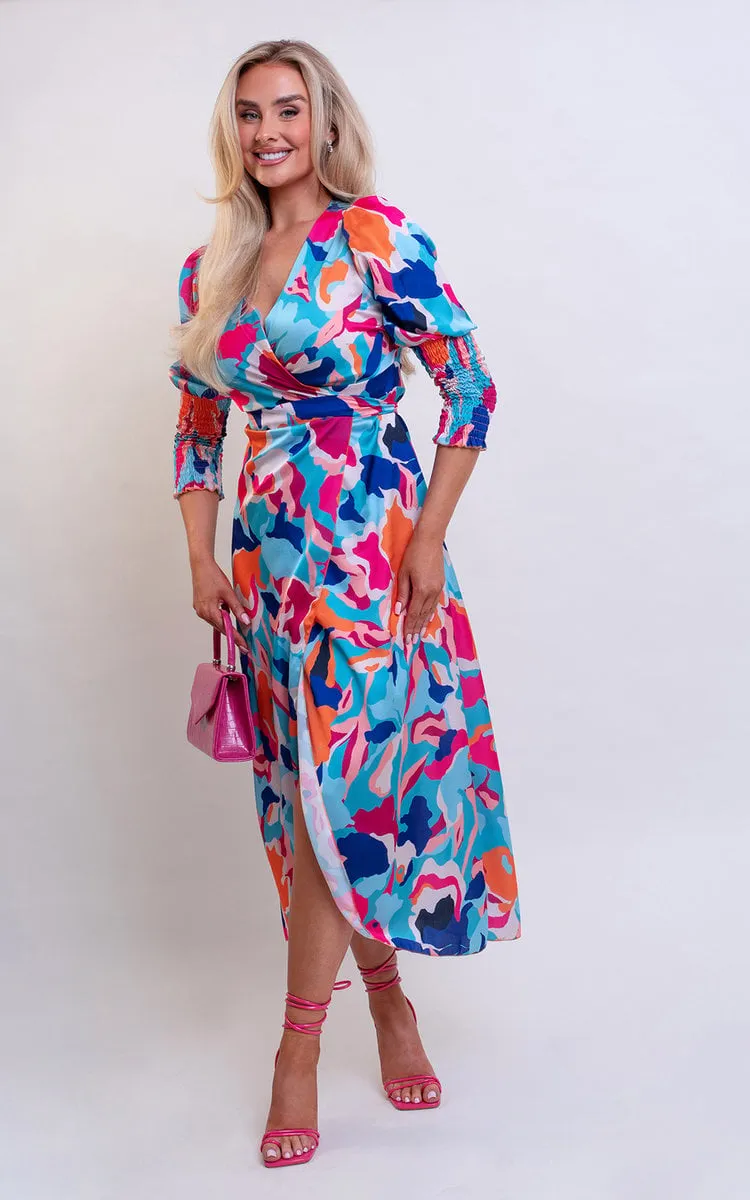 Wrap Front Printed Midi Dress