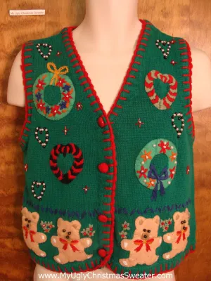 Xmas Wreaths and Teddy Bears Funny Christmas Sweater Vest