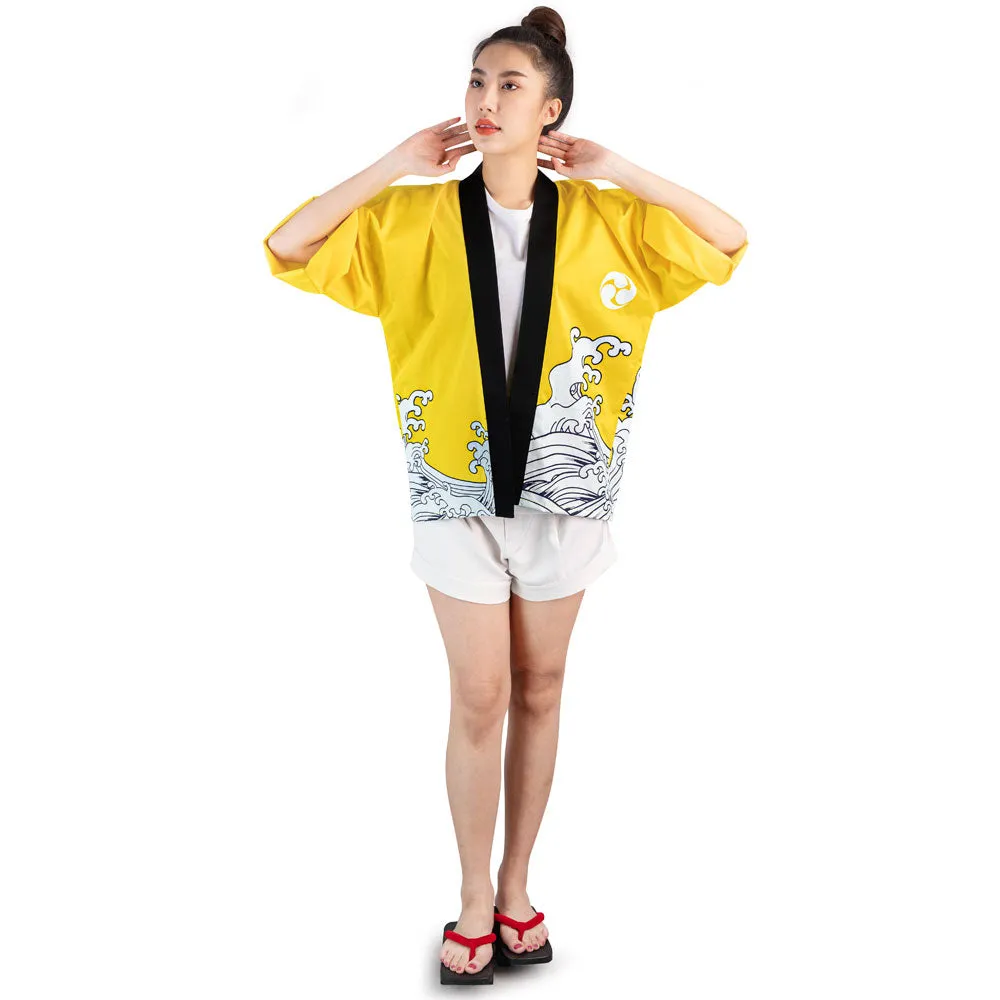 Yellow Japanese Happi Kimono Jacket Kin Waves