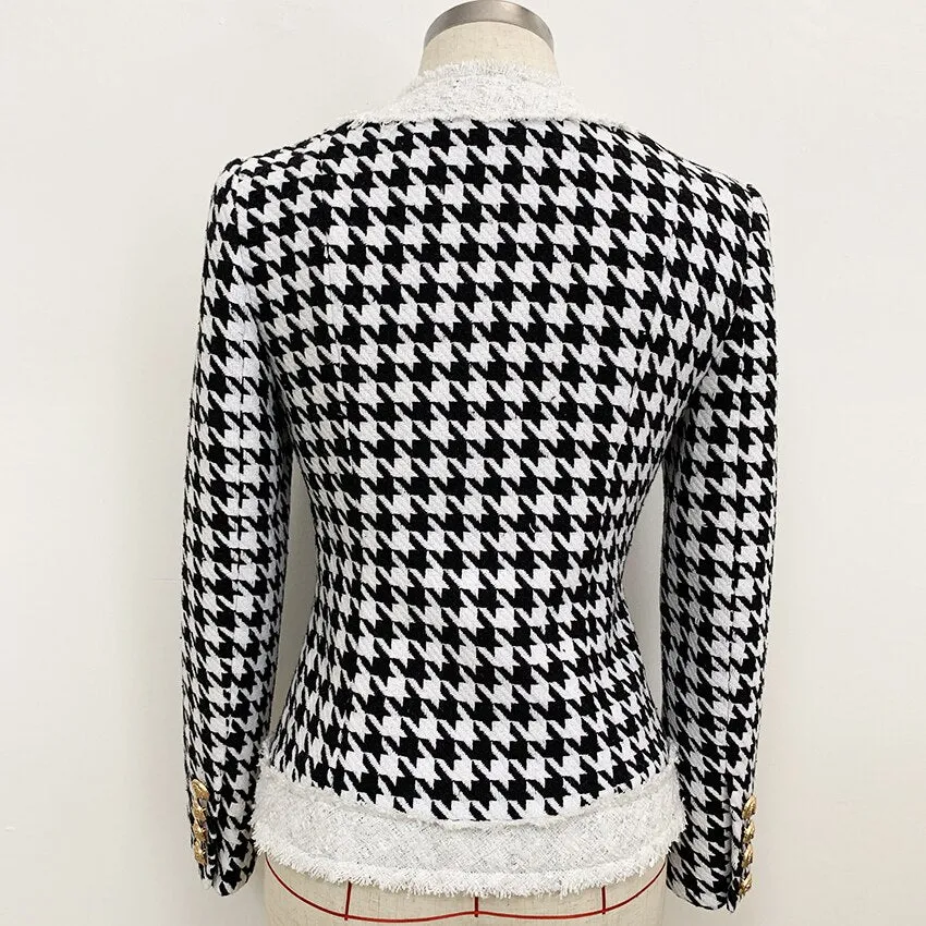 Zip Houndstooth Fringed Tweed Jacket