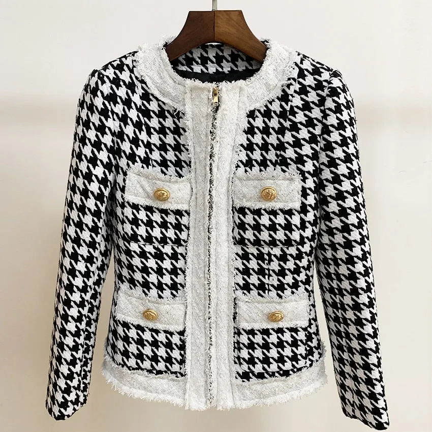 Zip Houndstooth Fringed Tweed Jacket