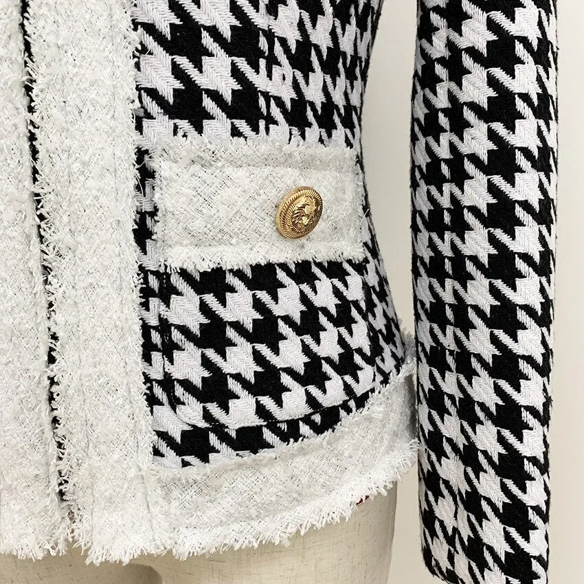 Zip Houndstooth Fringed Tweed Jacket