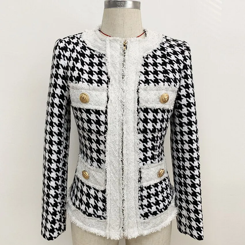 Zip Houndstooth Fringed Tweed Jacket