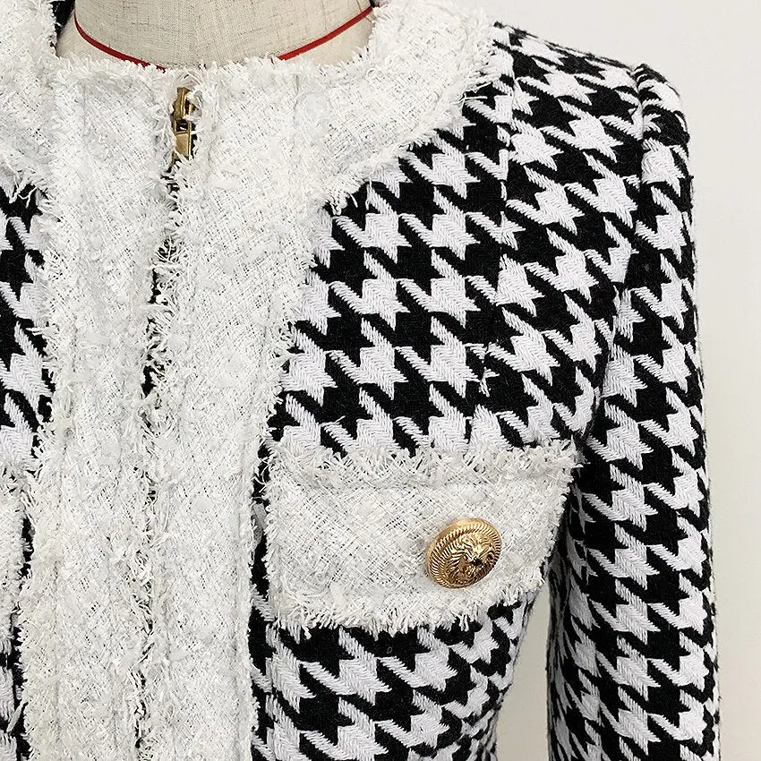 Zip Houndstooth Fringed Tweed Jacket