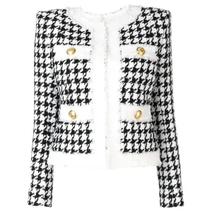 Zip Houndstooth Fringed Tweed Jacket